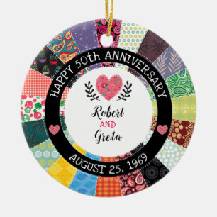 Personalised 50th Anniversary, Patchwork Quilt Ceramic Tree Decoration