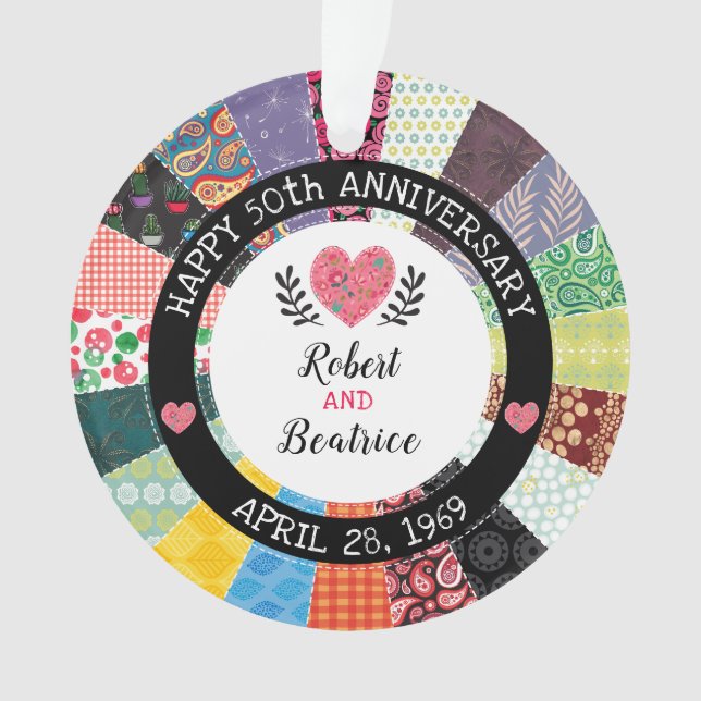 Personalised 50th Anniversary, Patchwork Quilt Ornament (Front)