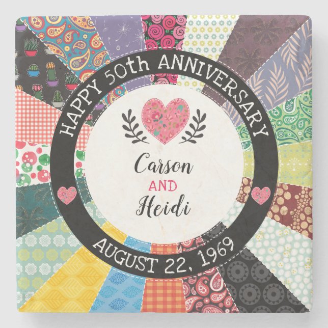 Personalised 50th Anniversary, Patchwork Quilt Stone Coaster (Front)