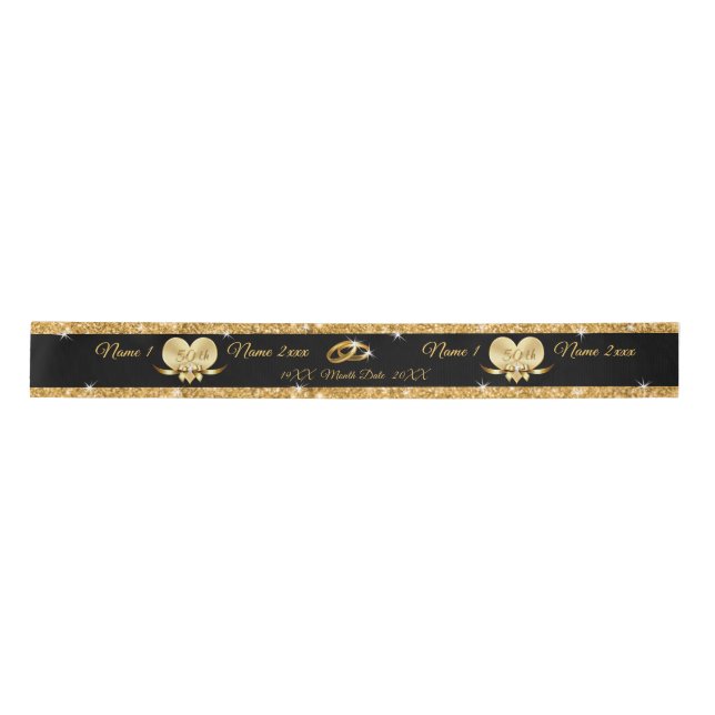 Personalised 50th Anniversary Ribbon, Black, Gold Satin Ribbon (Front)