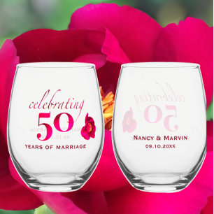 Personalised 50th Anniversary Unique Rose Keepsake Stemless Wine Glass