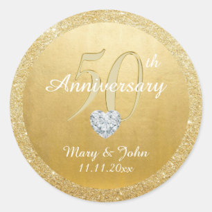 Personalised 50th Anniversary Wedding Gold Glitter Classic Round Sticker