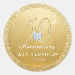 Personalised 50th Anniversary Wedding Gold Glitter Classic Round Sticker