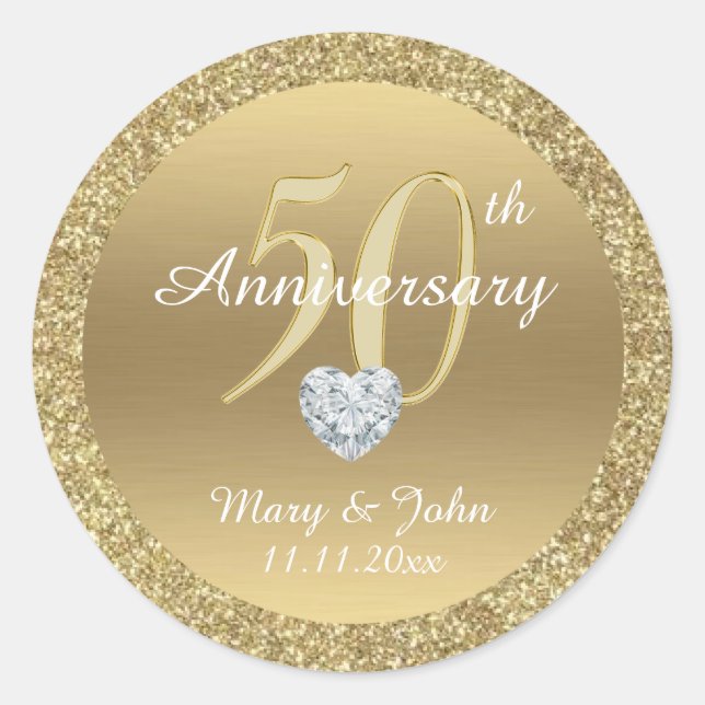 Personalised 50th Anniversary Wedding Gold Glitter Classic Round Sticker (Front)