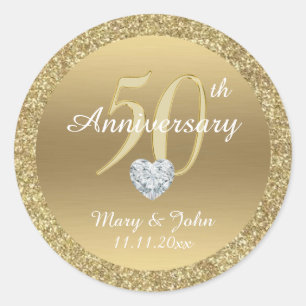 Personalised 50th Anniversary Wedding Gold Glitter Classic Round Sticker