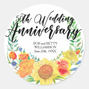 Personalised 50th Anniversary Yellow Floral Wreath Classic Round Sticker