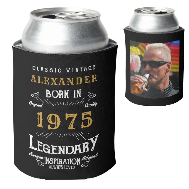 Personalised 50th Birthday Add Name Year Photo Can Cooler (Personalized 50th birthday can cooler with custom name, year and photo template.)