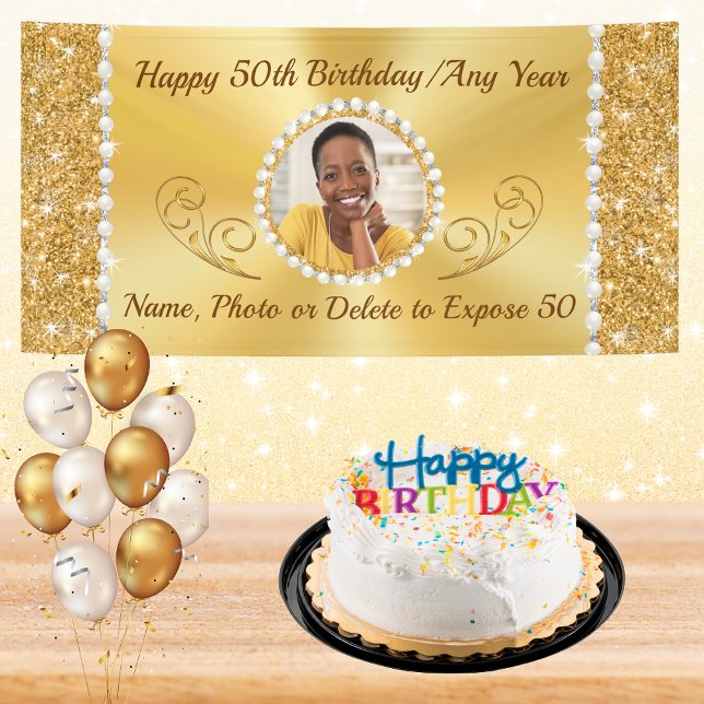 Personalised 50th Birthday Banner with PHOTO (50th Birthday Banner for Her. Stunning, Personalized 50th Birthday Banners. 50th Birthday Supplies.)