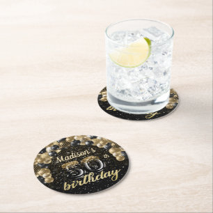 Personalised 50th Birthday Black Gold Round Round Paper Coaster