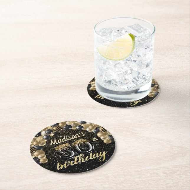 Personalised 50th Birthday Black Gold Round Round Paper Coaster (Insitu)