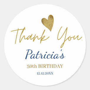 Personalised 50th Birthday Blue Gold Thank You Classic Round Sticker