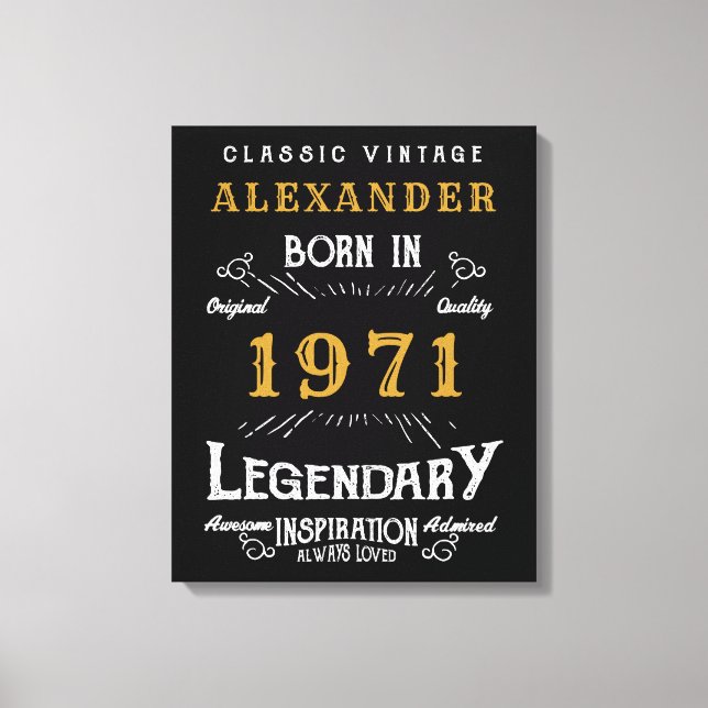 Personalised 50th Birthday Born 1971 Vintage Black Canvas Print (Front)