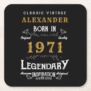 Personalised 50th Birthday Born 1971 Vintage Black Square Paper Coaster