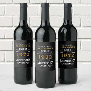 Personalised 50th Birthday Born 1972 Vintage Black Wine Label