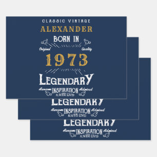 Personalised 50th Birthday Born 1973 Vintage Blue Wrapping Paper Sheet