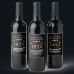 Personalised 50th Birthday Born 1975 Vintage Black Wine Label<br><div class="desc">A personalised classic wine bottle label design for that birthday celebration for somebody born in 1975 and turning 50. Add the name to this vintage retro style black, white and gold design for a custom 50th birthday gift. Easily edit the name and year with the template provided. A wonderful custom...</div>