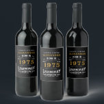 Personalised 50th Birthday Born 1975 Vintage Black Wine Label<br><div class="desc">A personalised classic wine bottle label design for that birthday celebration for somebody born in 1975 and turning 50. Add the name to this vintage retro style black, white and gold design for a custom 50th birthday gift. Easily edit the name and year with the template provided. A wonderful custom...</div>