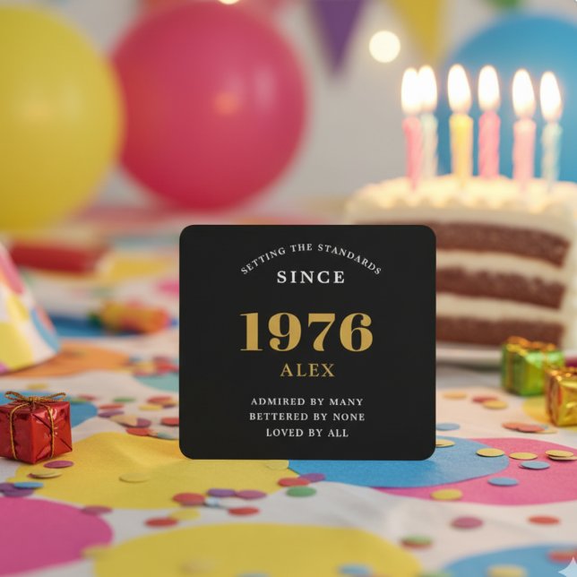 Personalised 50th birthday Born 1976 Black Gold Square Paper Coaster (Coaster on a birthday party table.)