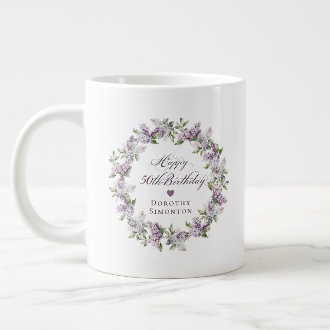 Personalised 50th Birthday Gift Purple Lilac Large Coffee Mug (Left)