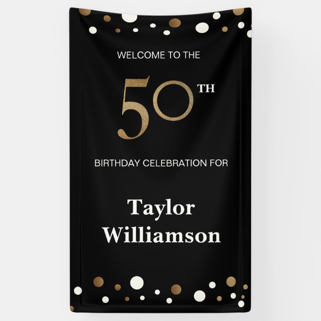 Personalised 50th Birthday Gold and black confetti Banner (Vertical)