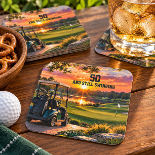 Personalised 50th Birthday Golf Party Golf Cart Square Paper Coaster