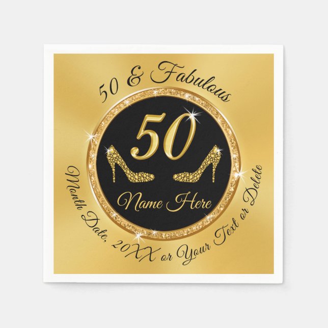 Personalised 50th Birthday Napkins Black and Gold (Front)