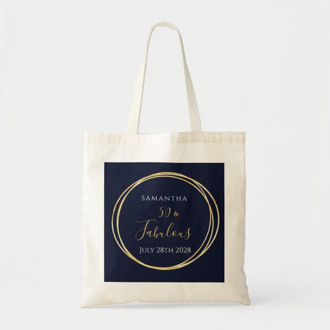Personalised 50th Birthday Navy Gold Tote Bag (Front)
