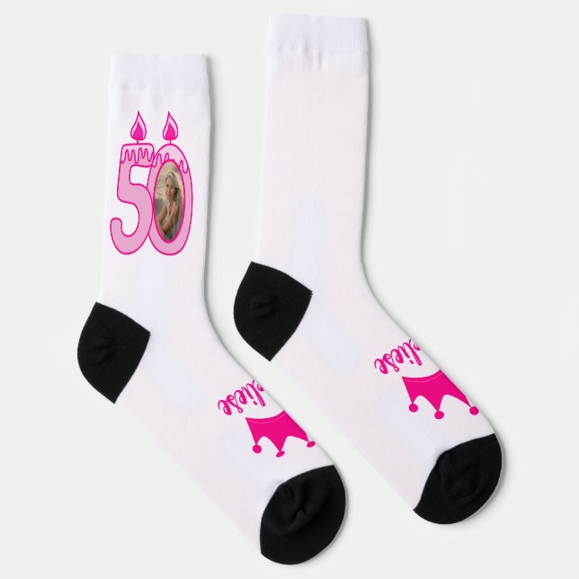 Personalised 50th Birthday Photo Crown Pink Socks (Right)