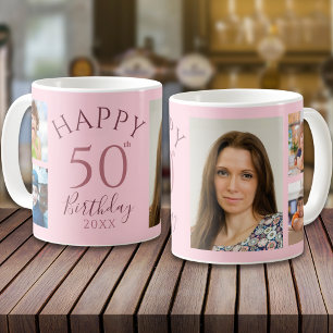 Personalised 50th Birthday Pink 5 Photo Collage Coffee Mug