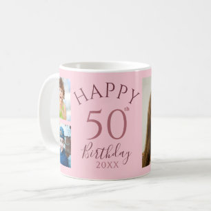 Personalised 50th Birthday Pink 5 Photo Collage Coffee Mug