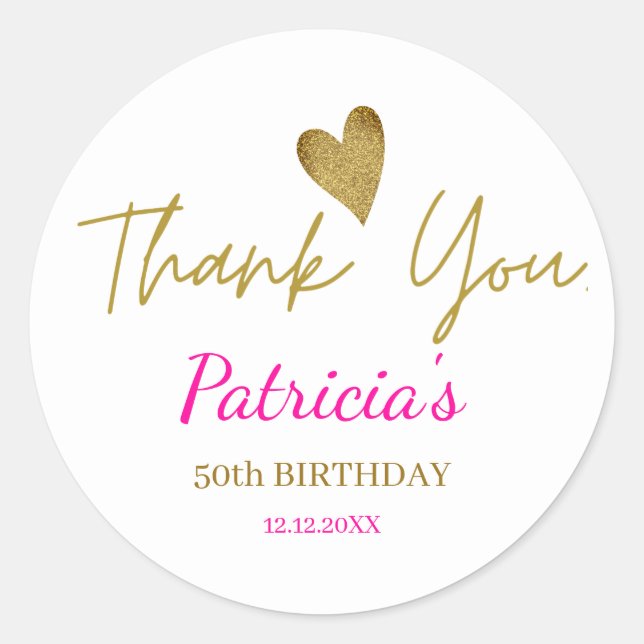 Personalised 50th Birthday Pink Gold Thank You   Classic Round Sticker (Front)