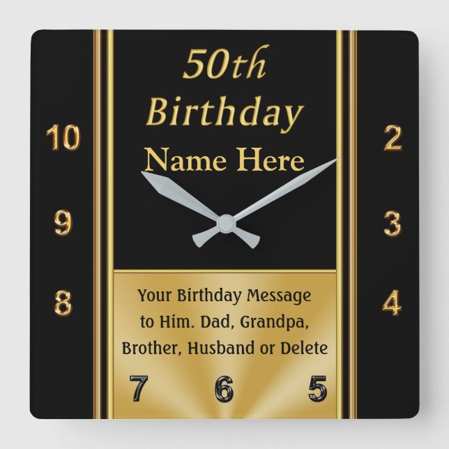 Personalised, 50th Birthday Presents for Him Square Wall Clock (Front)