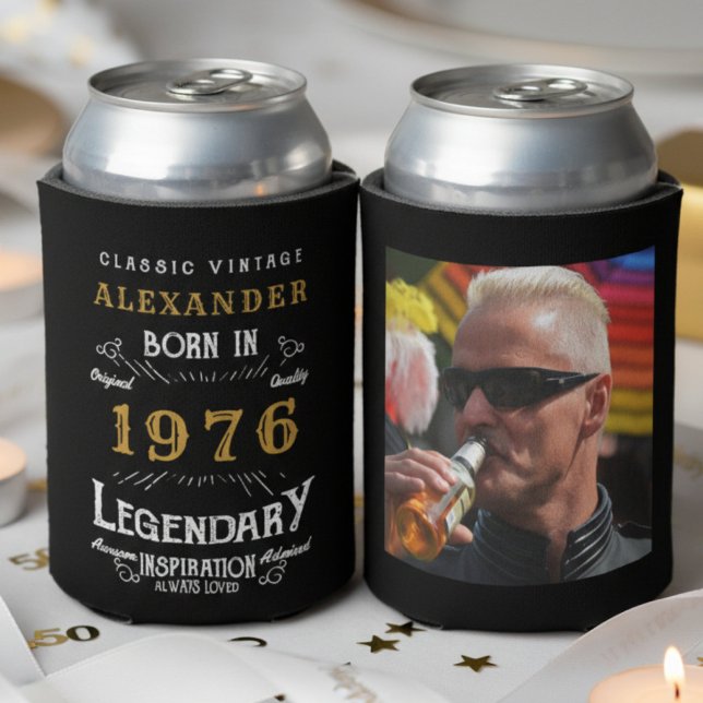 Personalised 50th Birthday Vintage Photo Keepsake Can Cooler (50th birthday can coolers showing front and back on a white background.)