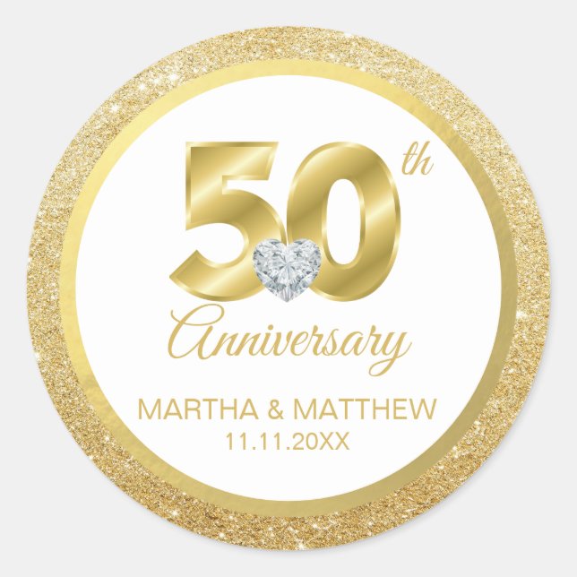Personalised 50th Gold Wedding Anniversary Classic Round Sticker (Front)