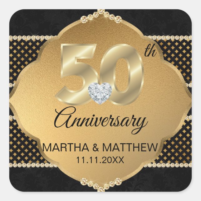 Personalised 50th Gold Wedding Anniversary Square Sticker (Front)