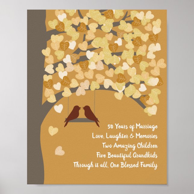 Personalised 50th Gold Wedding Anniversary Tree Poster (Front)