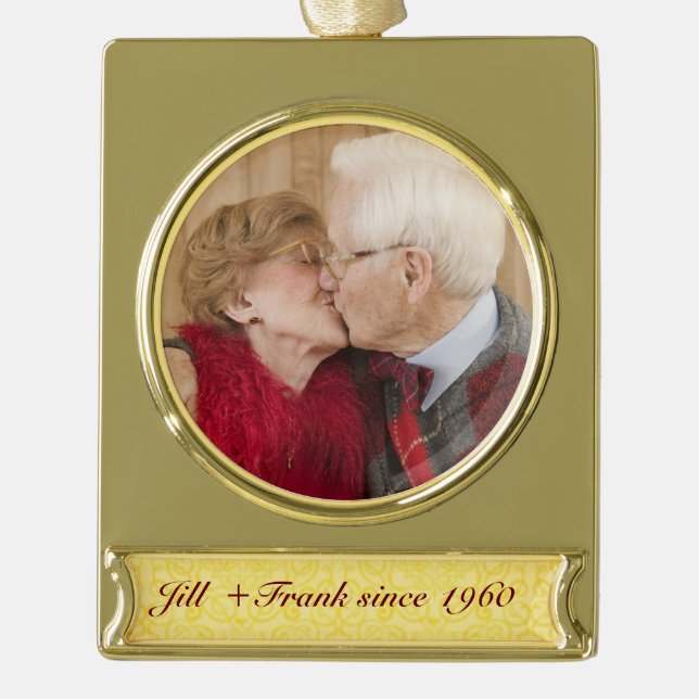 Personalised 50th Golden Wedding Anniversary Gold Plated Banner Ornament (Front)