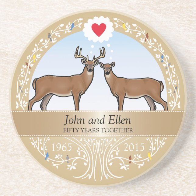 Personalised 50th Wedding Anniversary, Buck & Doe Coaster (Front)