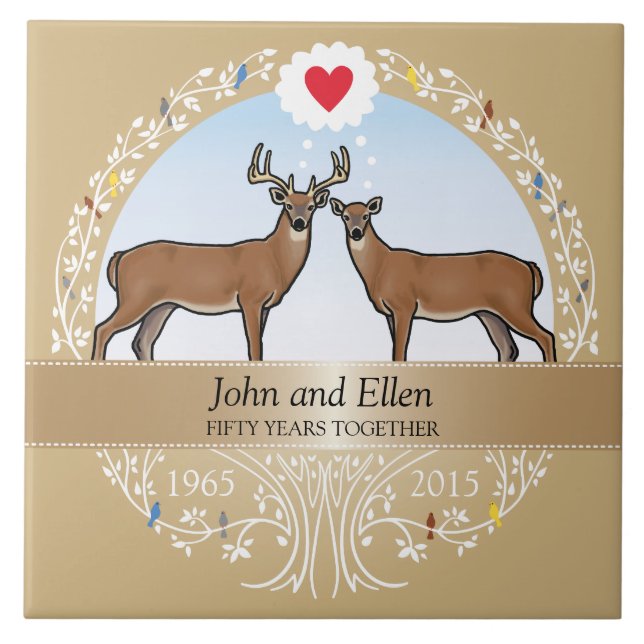 Personalised 50th Wedding Anniversary, Buck & Doe Tile (Front)