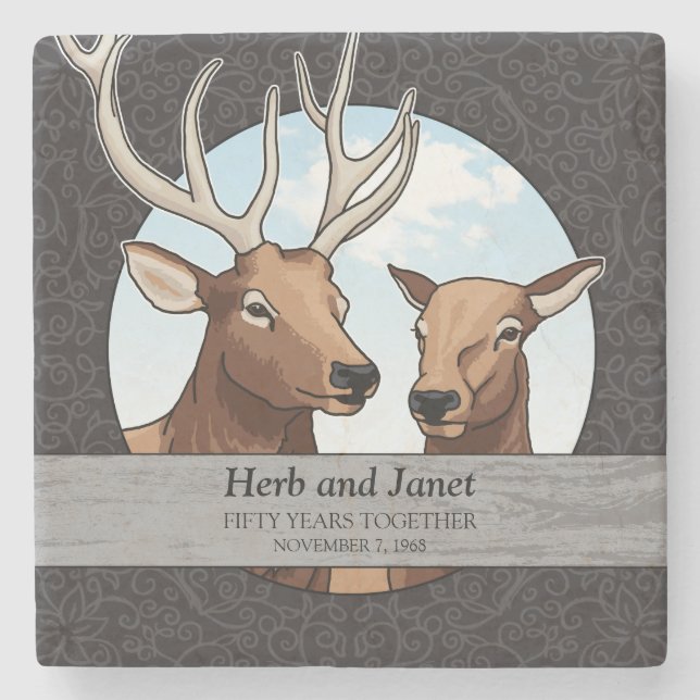 Personalised 50th Wedding Anniversary, Elk Nature Stone Coaster (Front)