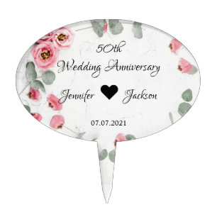 Personalised 50th Wedding Anniversary Floral    Cake Pick