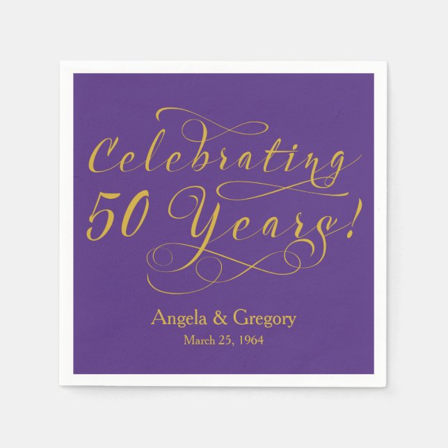 Personalised 50th Wedding Anniversary Gold Purple Napkin (Front)