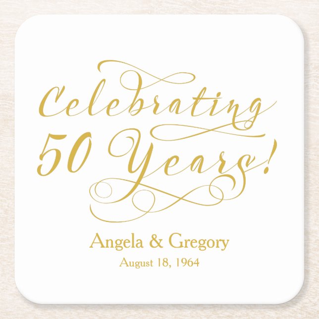 Personalised 50th Wedding Anniversary Gold White Square Paper Coaster (Front)