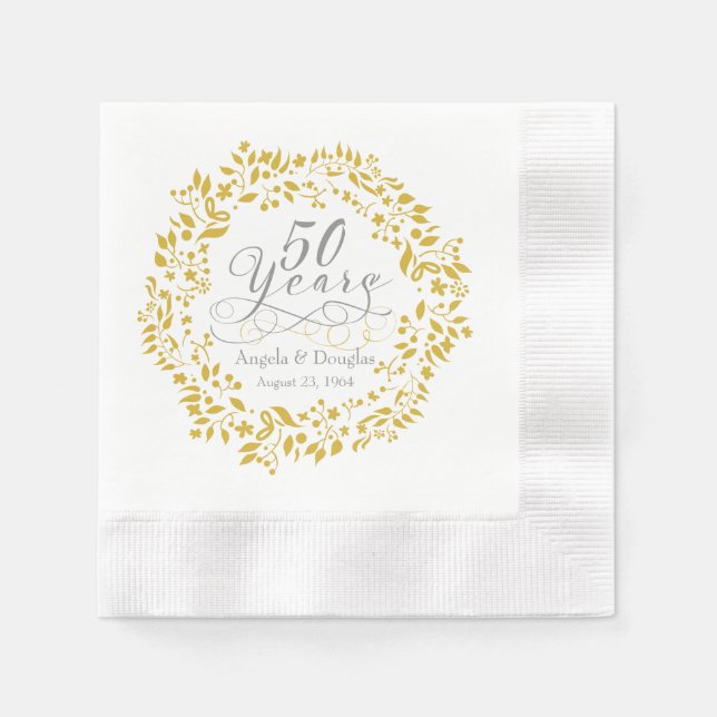 Personalised 50th Wedding Anniversary Gold Wreath Napkin (Front)