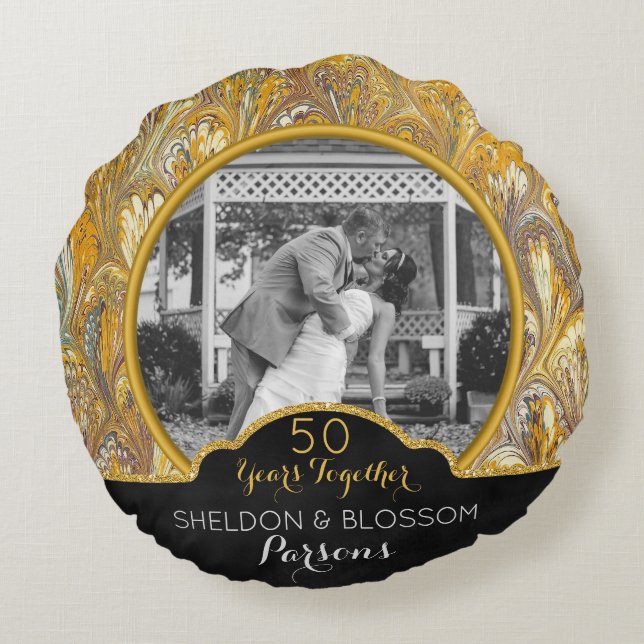 Personalised 50th Wedding Anniversary Photo Golden Round Cushion (Back)