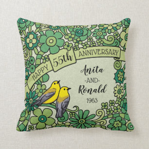 Personalised 55th Anniversary Emerald Floral Birds Cushion