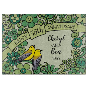 Personalised 55th Anniversary Emerald Floral Birds Cutting Board