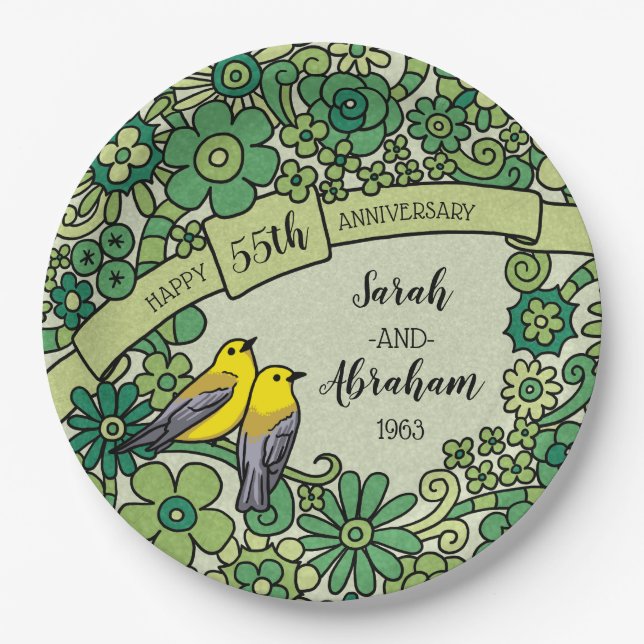 Personalised 55th Anniversary Emerald Floral Birds Paper Plate (Front)