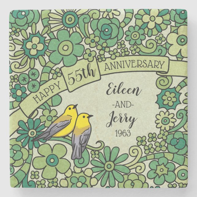Personalised 55th Anniversary Emerald Floral Birds Stone Coaster (Front)