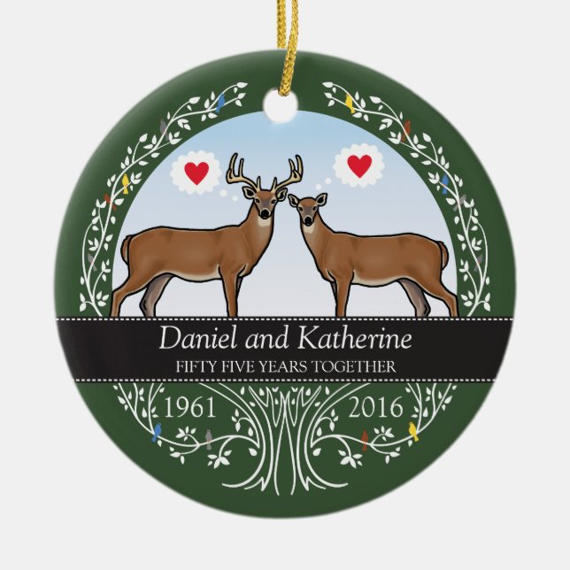 Personalised 55th Wedding Anniversary, Buck & Doe Ceramic Tree Decoration (Front)